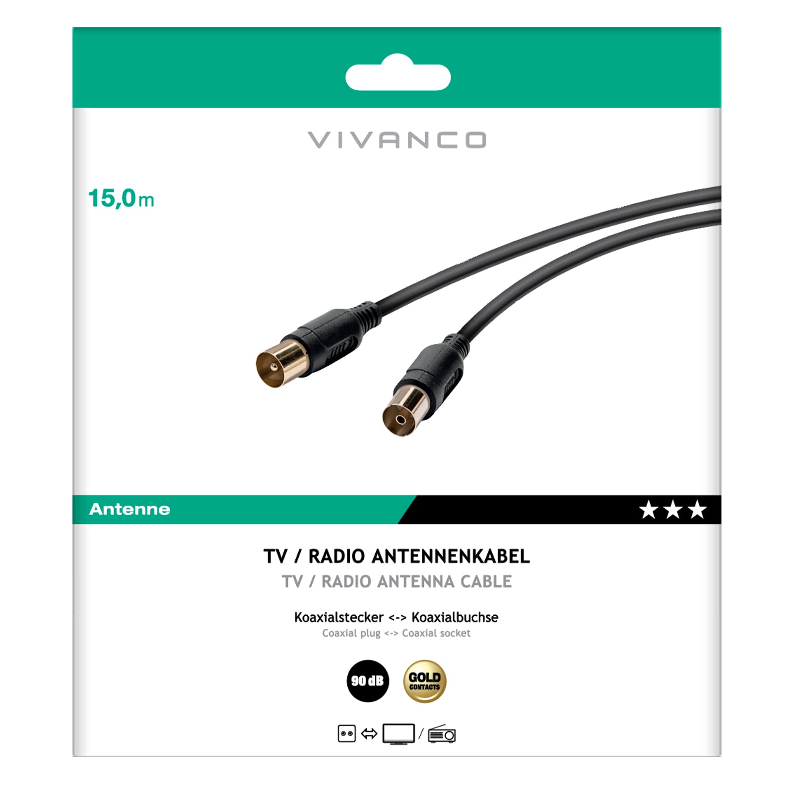 Cavo antenna (maschio/femmina) TV/Radio, 90 dB