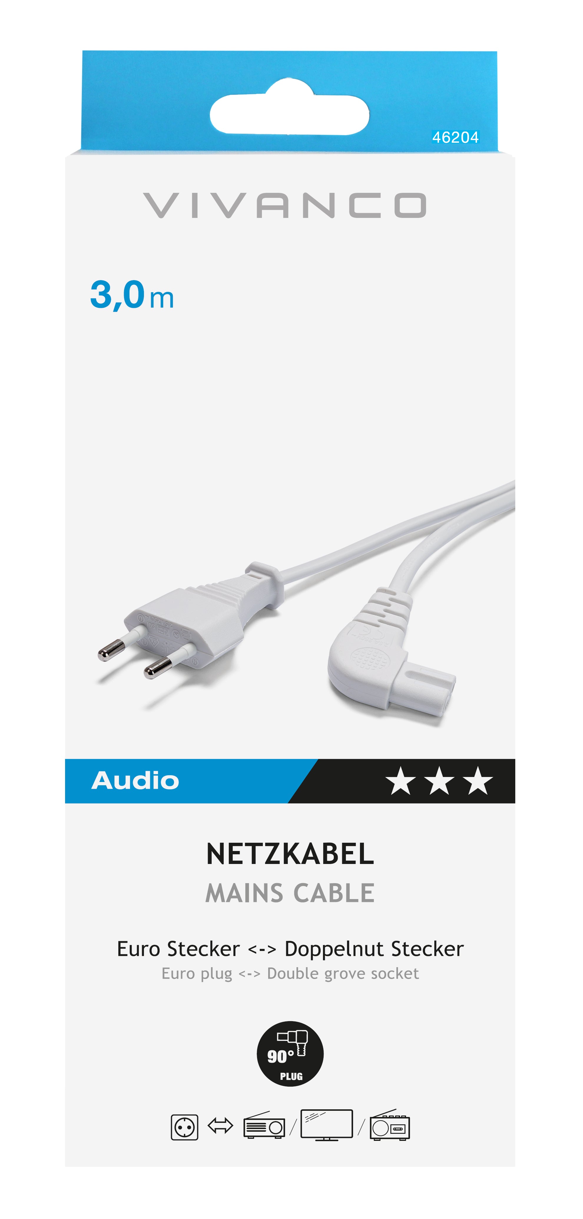 Cavo di alimentazione con spina angolata a 90°, 3 m