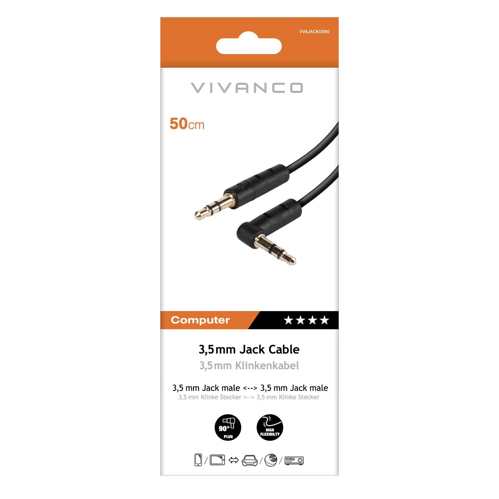 Cavo audio ad angolo Jack 3,5 m maschio/maschio, 0,5 m