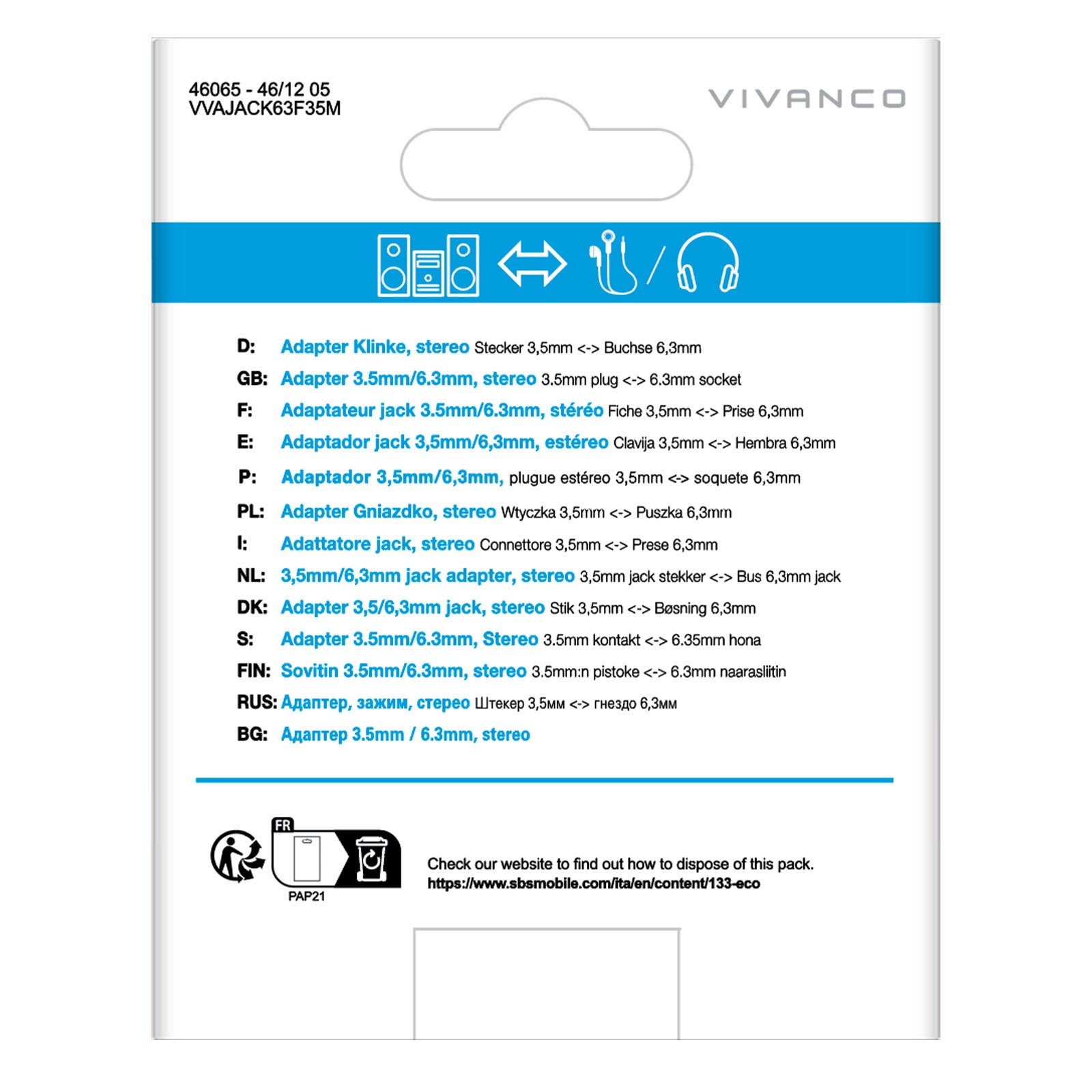 Adattatore audio femmina Jack 6,3 mm a Jack 3,5 mm maschio