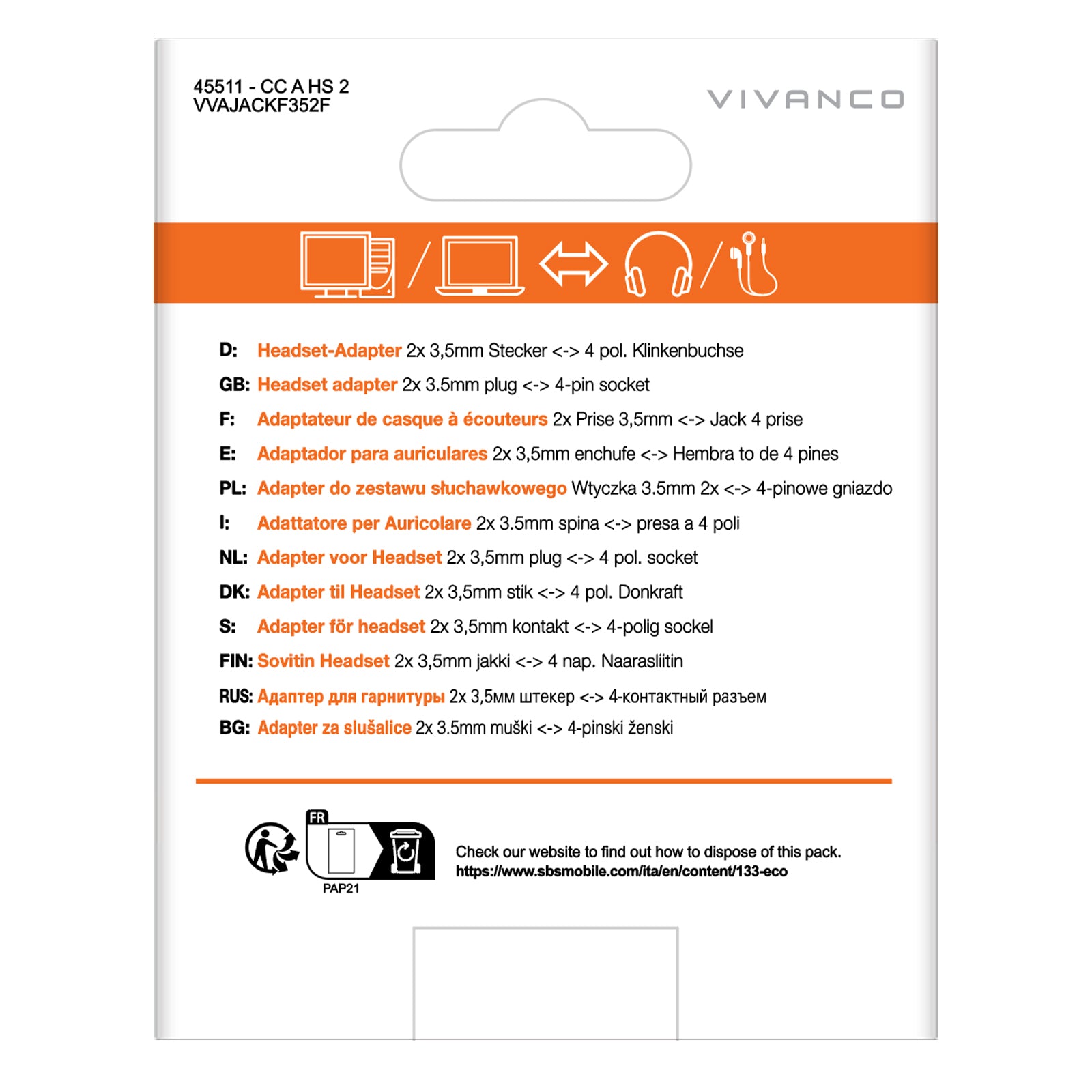 Adattatore per cuffie per PC Jack 3,5 mm