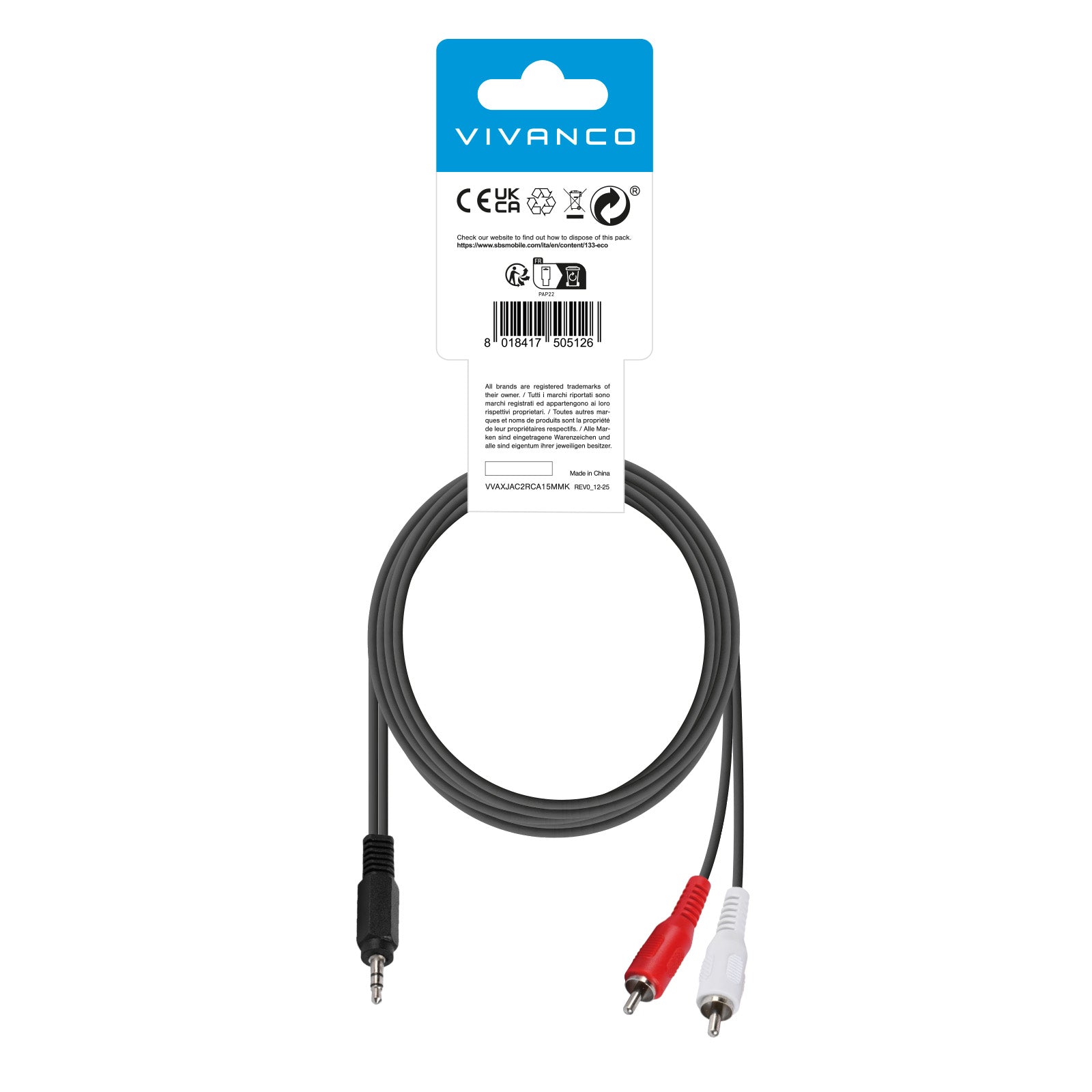 Cavo audio Jack 3,5 mm a 2 RCA maschio