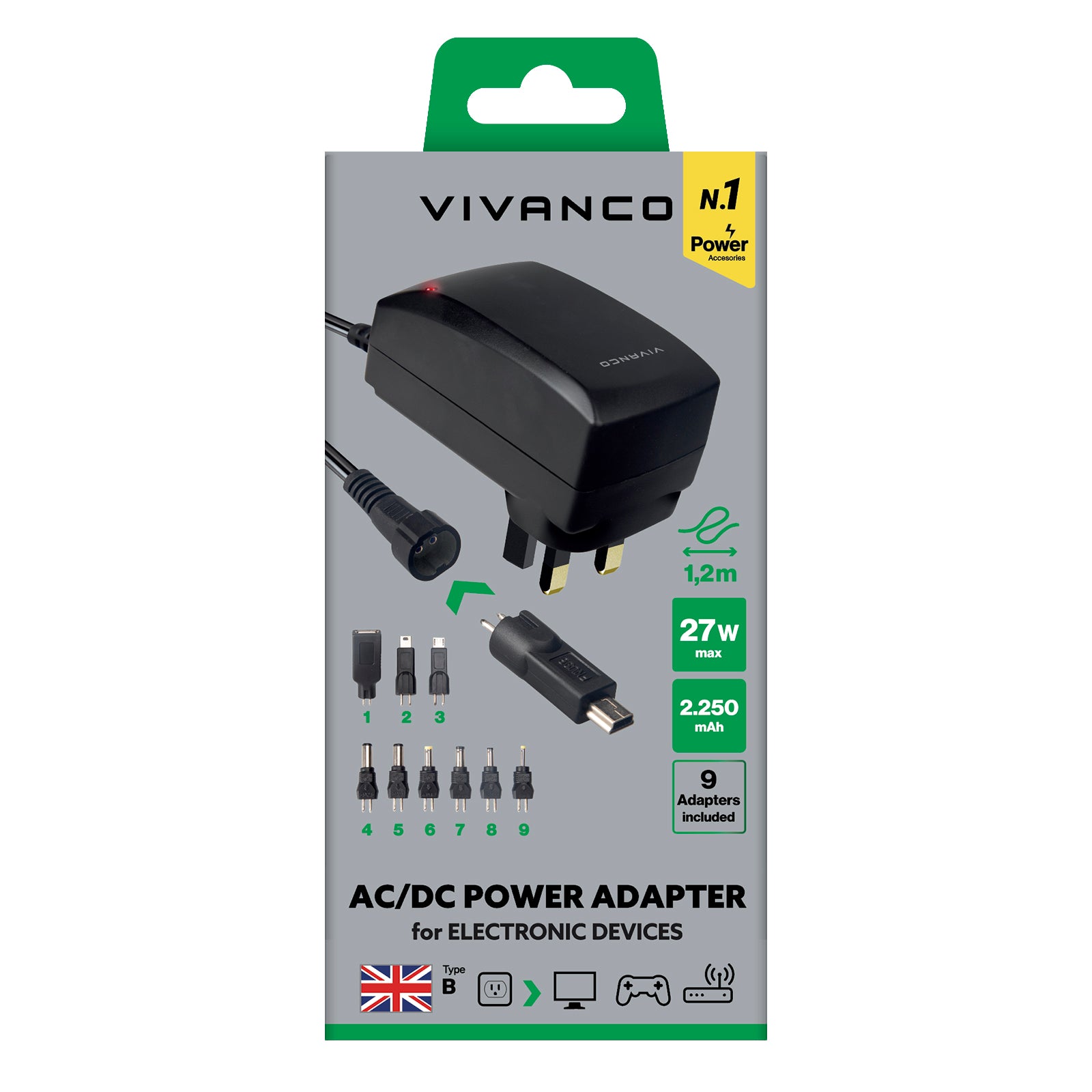 Alimentatore universale, spina UK AC/DC 3-12V, 9in1, nero