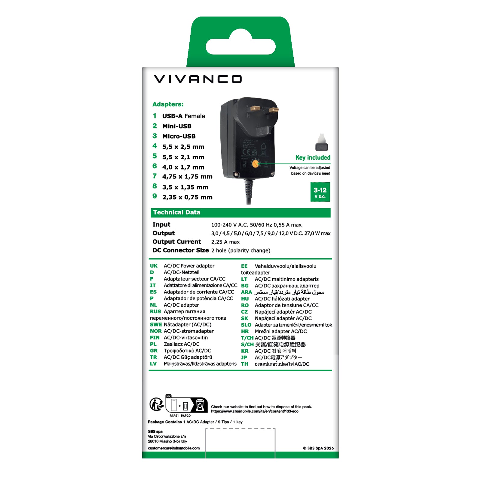 Alimentatore universale, spina UK AC/DC 3-12V, 9in1, nero