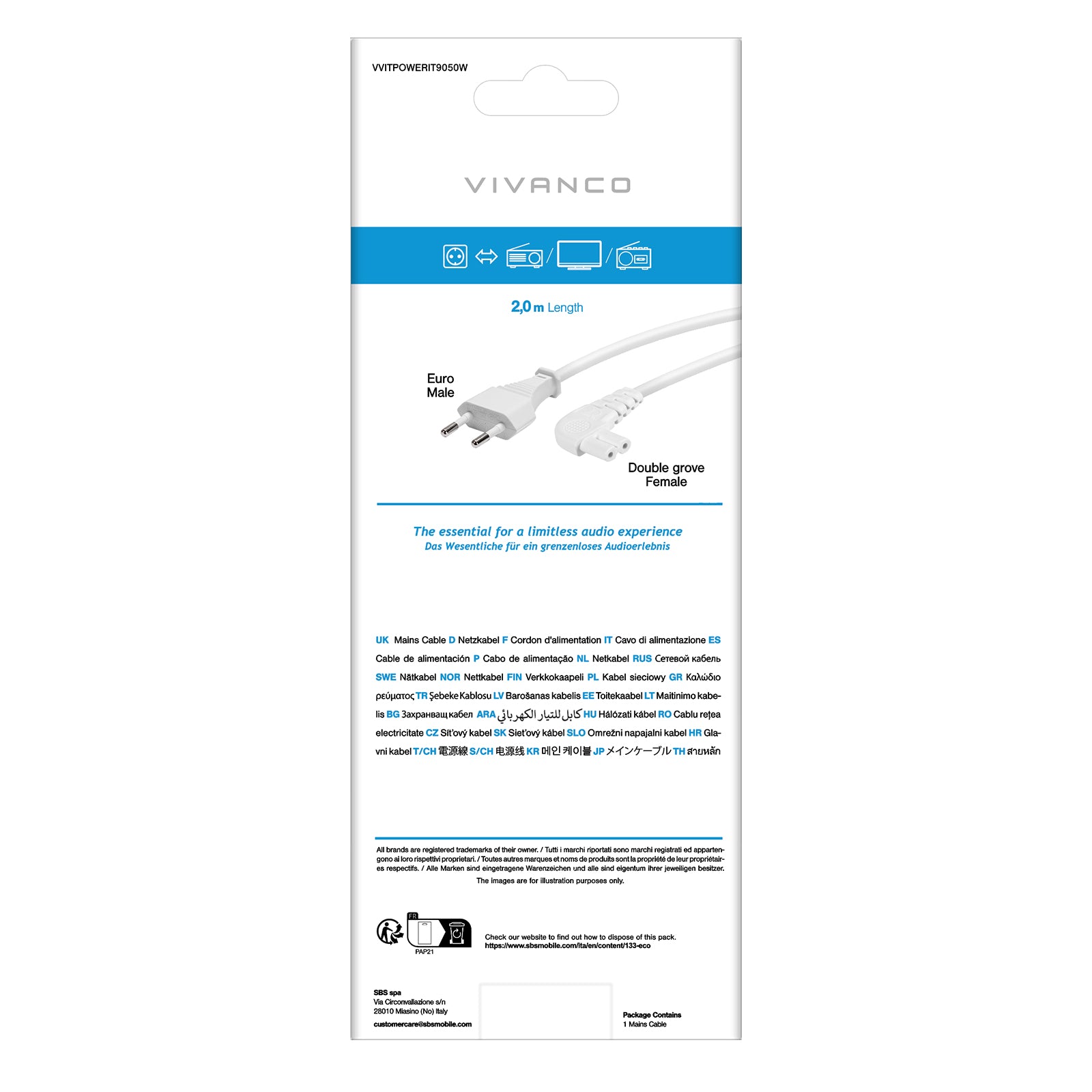 Cavo di alimentazione con spina angolata a 90°, 2 m