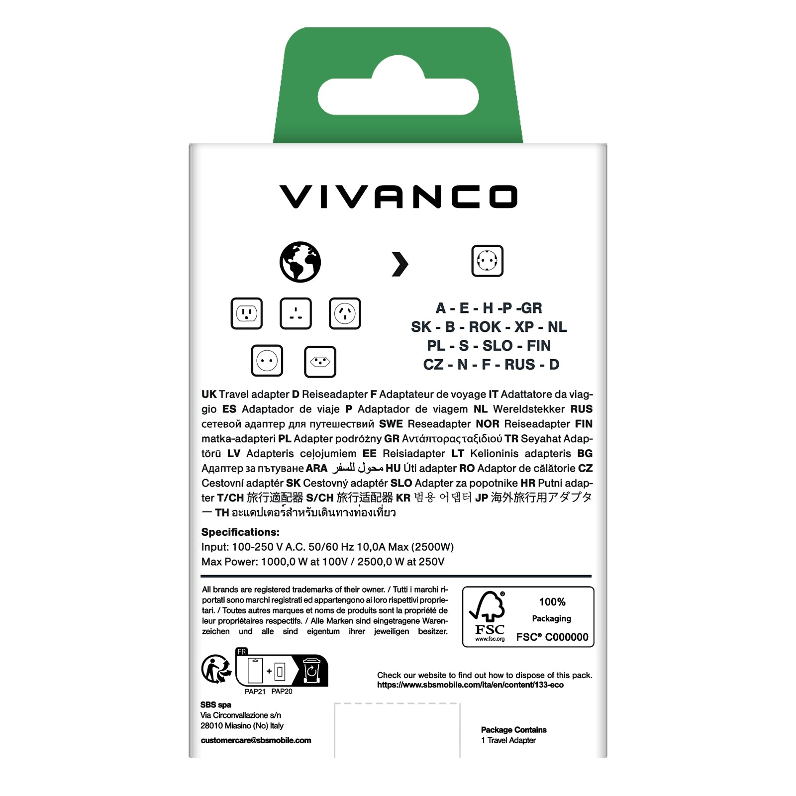 Adattatore da prese US/UK/AU-CN/CH/IT a Schuko