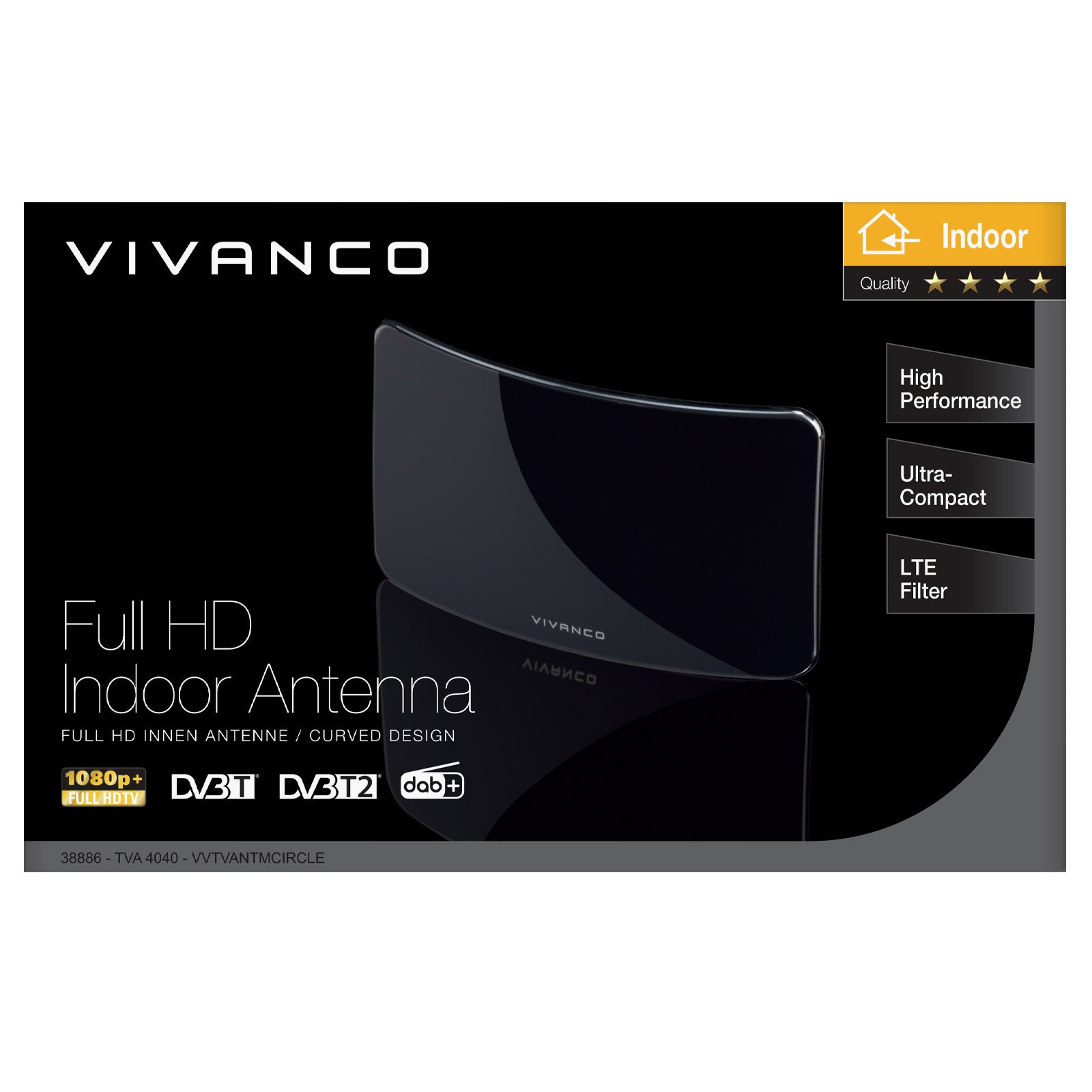 Antenna Full HD da interno con design curvo, compatibile USB, con cavo da 2 m