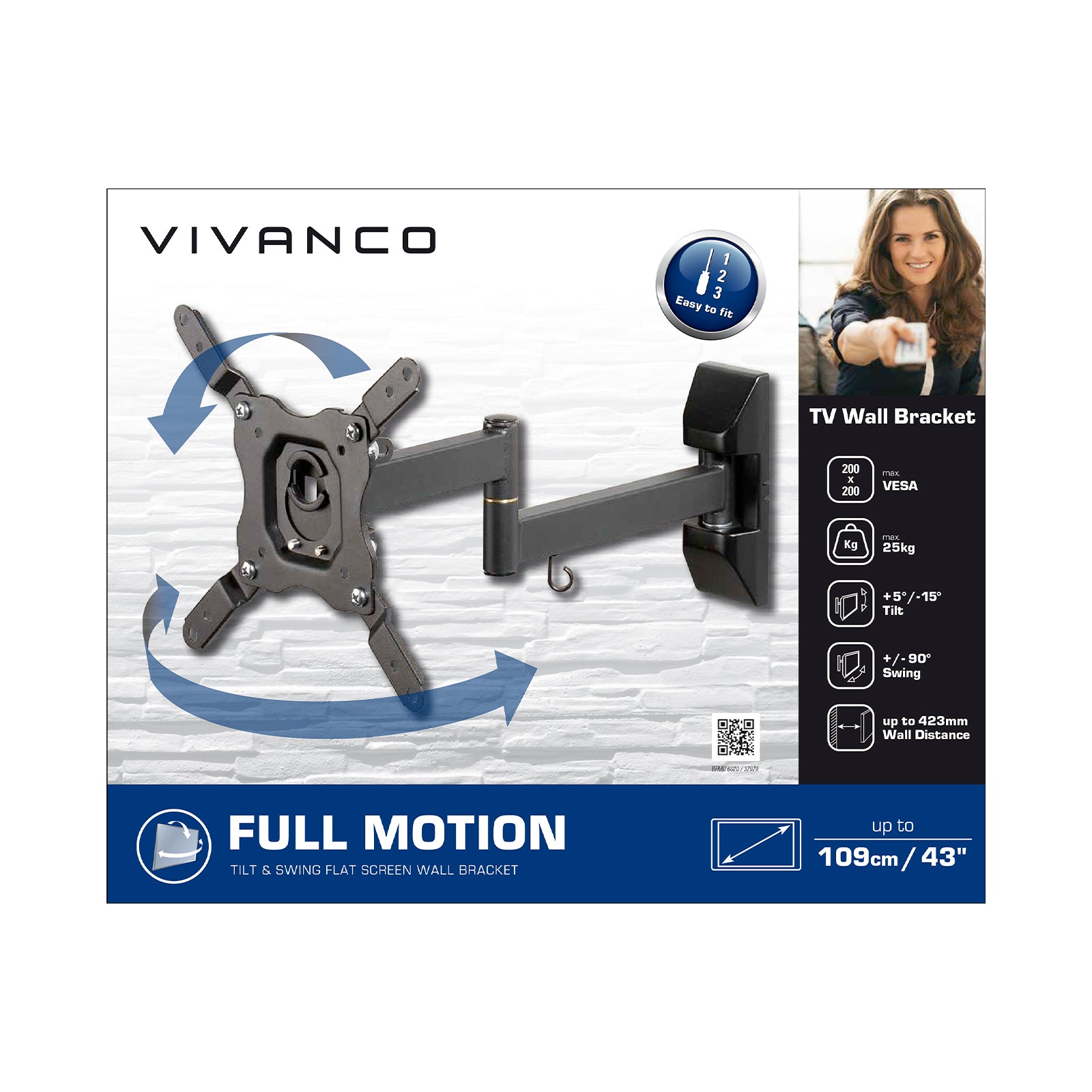 Supporto da parete per TV inclinabile e orientabile per schermi fino a 109 cm / 43'', 25 kg.