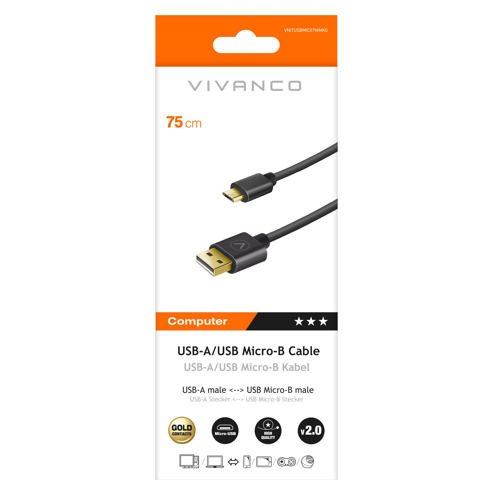 USB-A-auf-Micro-USB-Kabel, 0,75 m