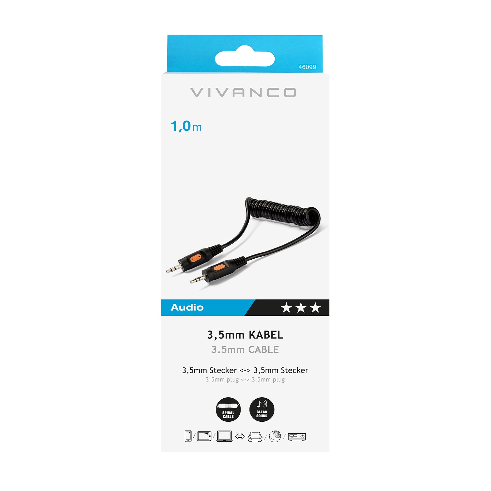 Cavo audio spiralato con Jack a 90°, 1 m