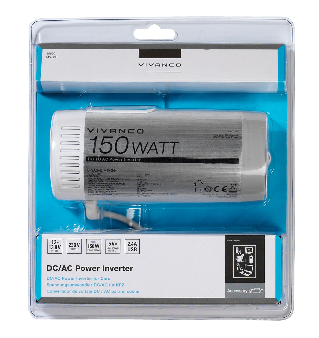 Convertitore di tensione per auto con funzione di ricarica USB-A, 150W