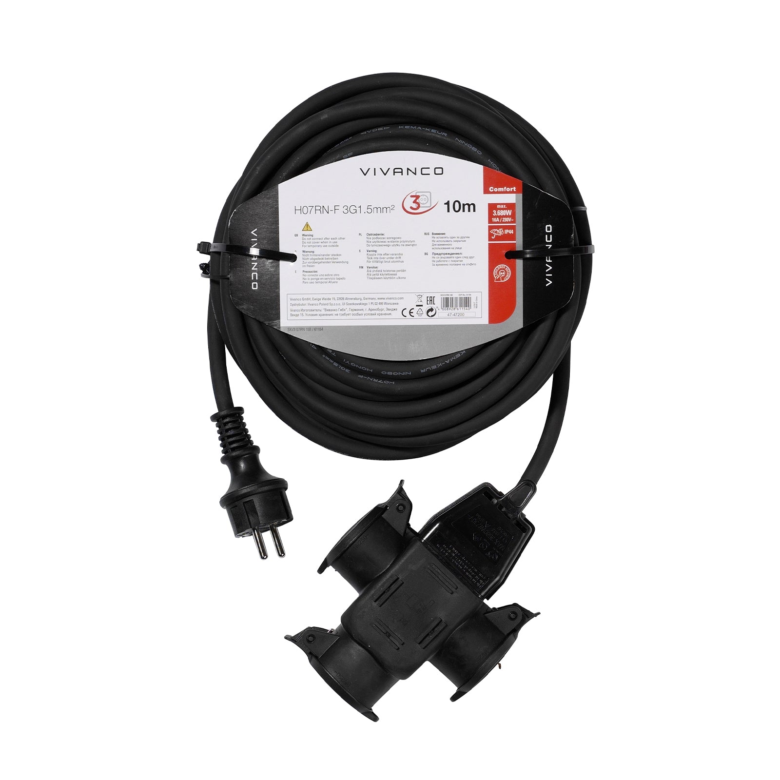 Cavo prolunga da esterno IP44, 3 prese Schuko, 10m