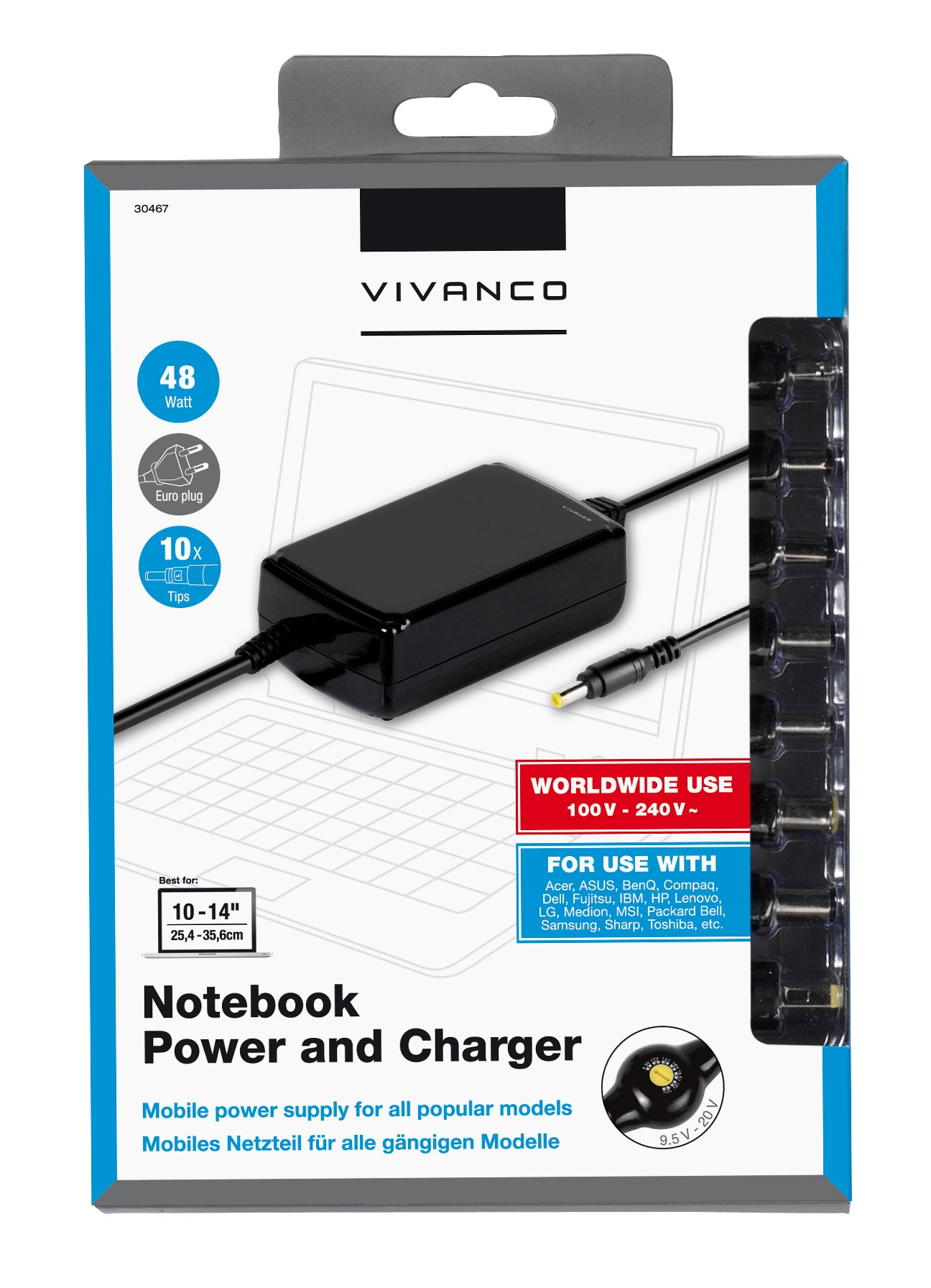 Alimentatore universale con switch per notebook e netbook, 45 Watt