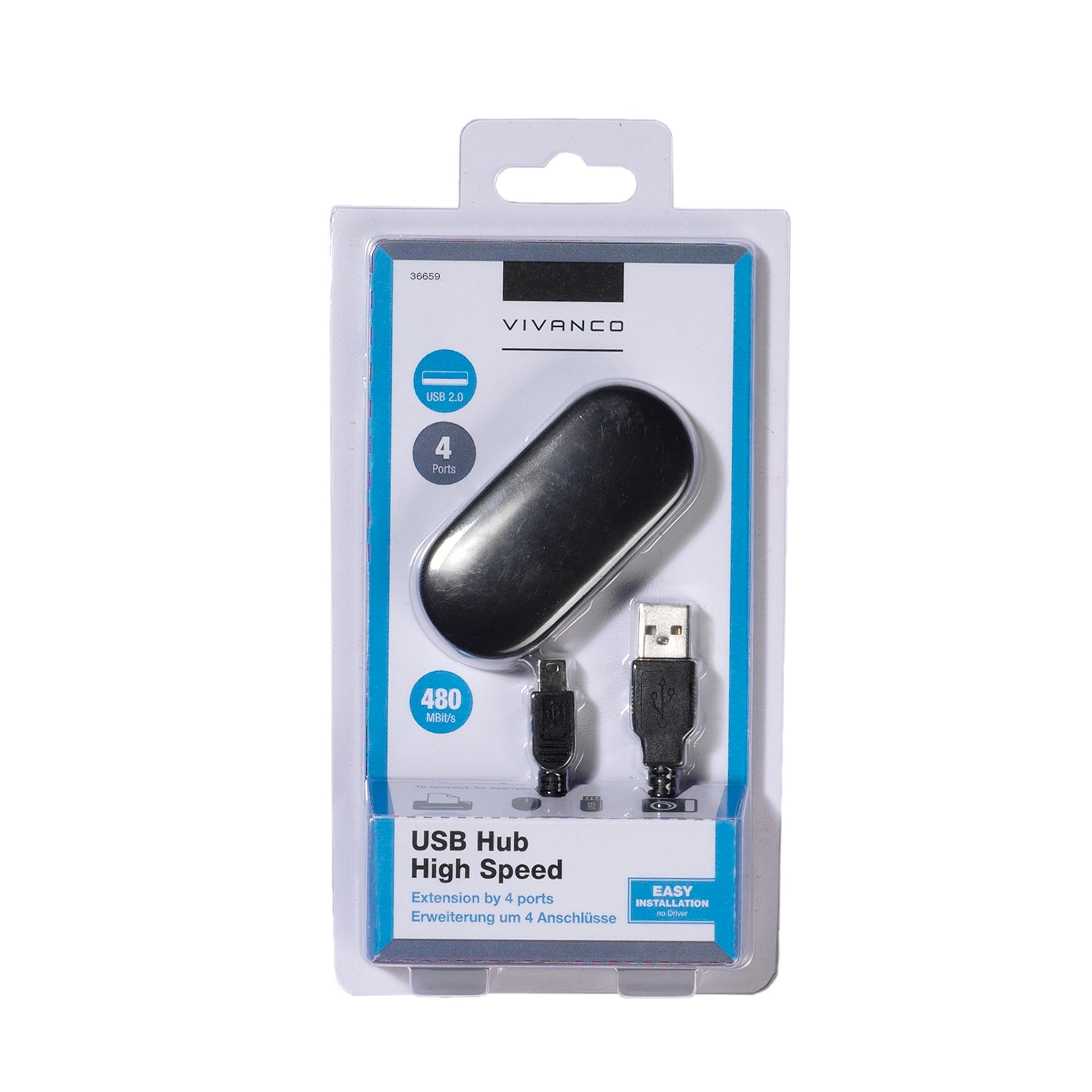 Hub USB-A 2.0  con 4 porte e alimentazione opzionale