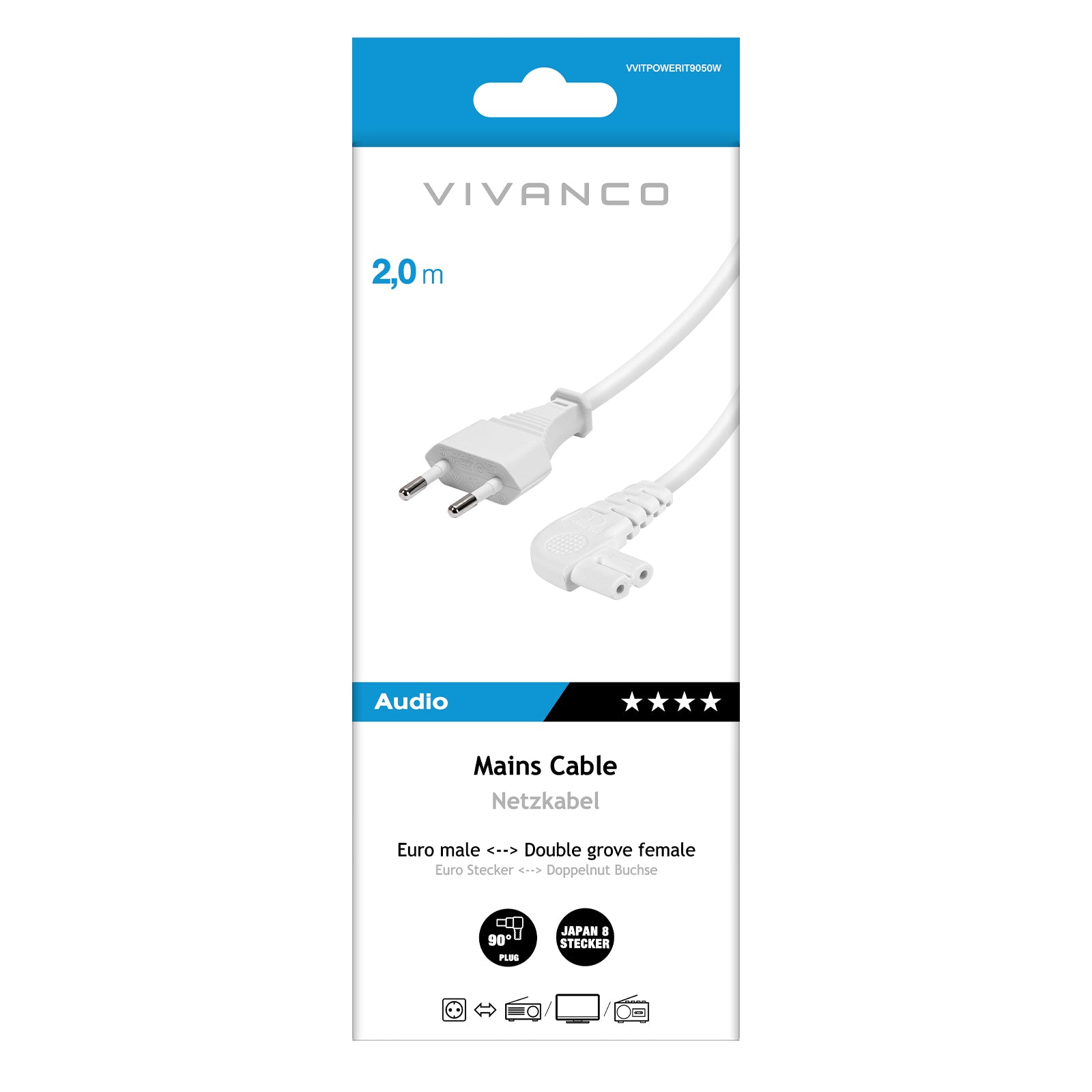 Cavo di alimentazione con spina angolata a 90°, 2 m