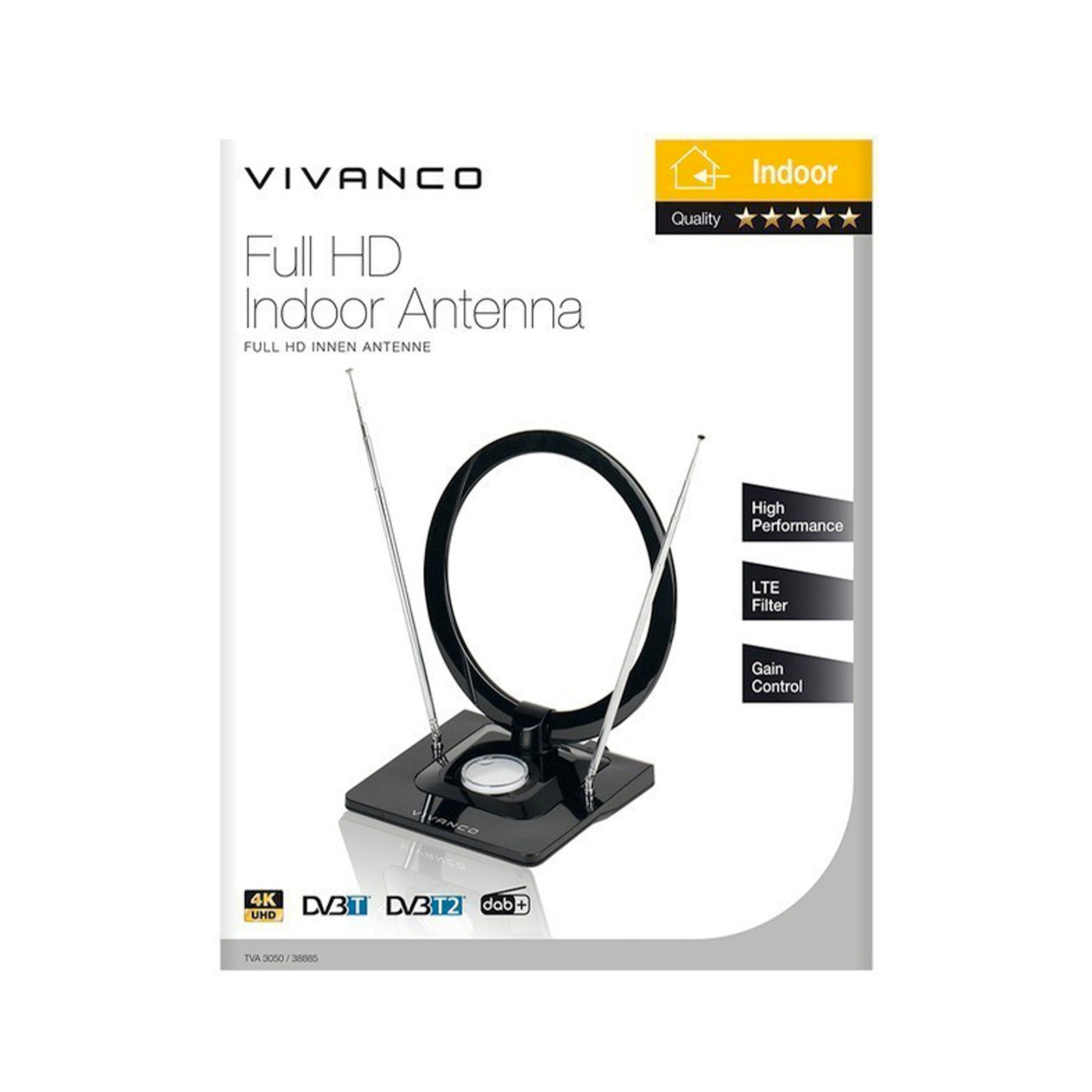 Antenna Full HD da interno con design ad anello,  filtro LTE, cavo da 2 m