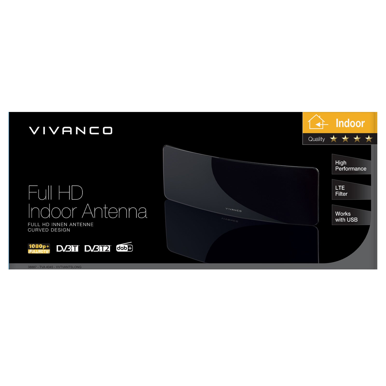 Antenna Full HD da interno con design curvo, compatibile USB, con cavo da 2 m