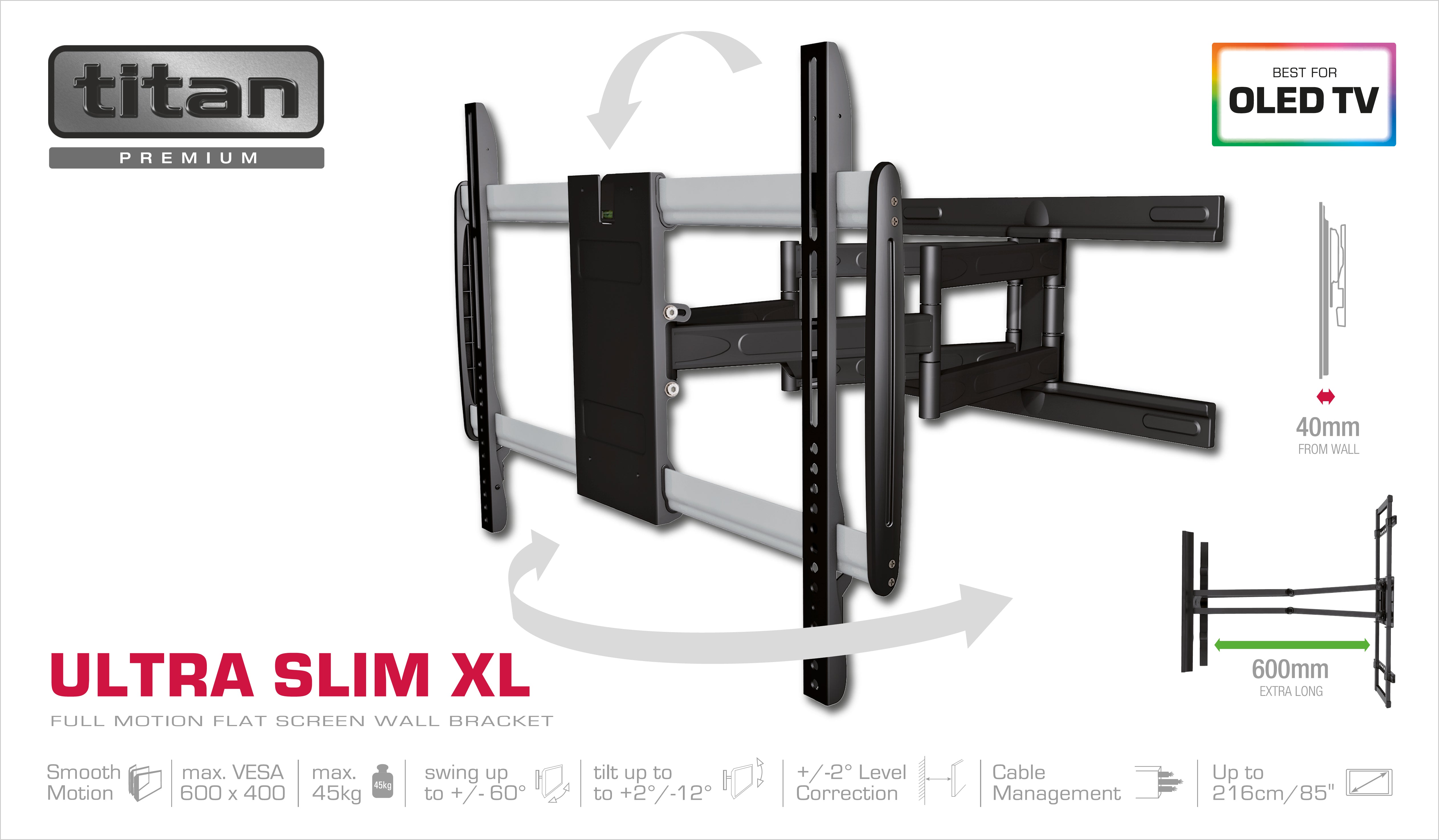 TITAN Soporte de pared para TV, Giratorio, 85", 45kg, VESA 640x450