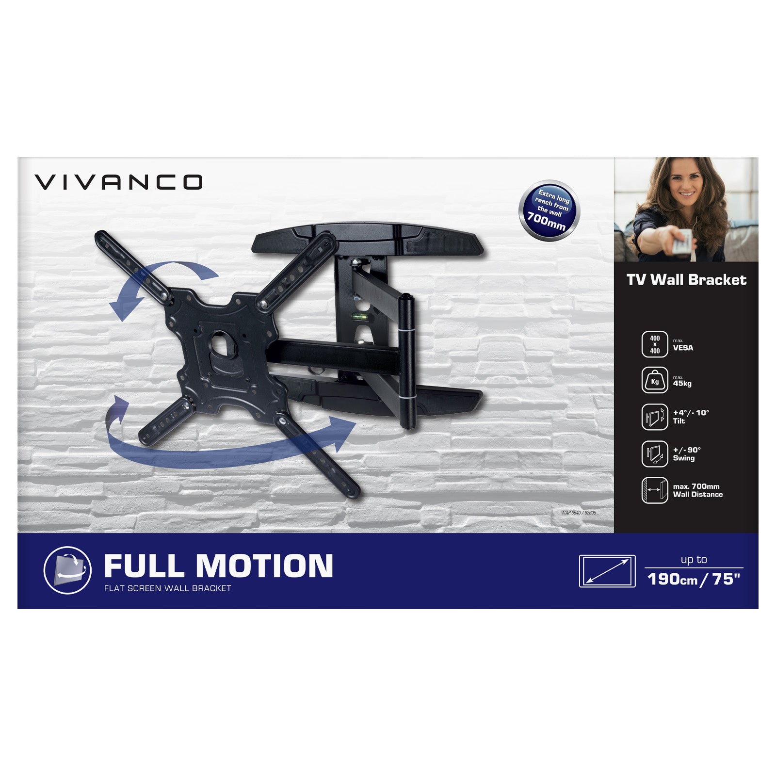 Supporto TV da parete Full Motion per schermi fino a 190 cm / 75'', 45 kg