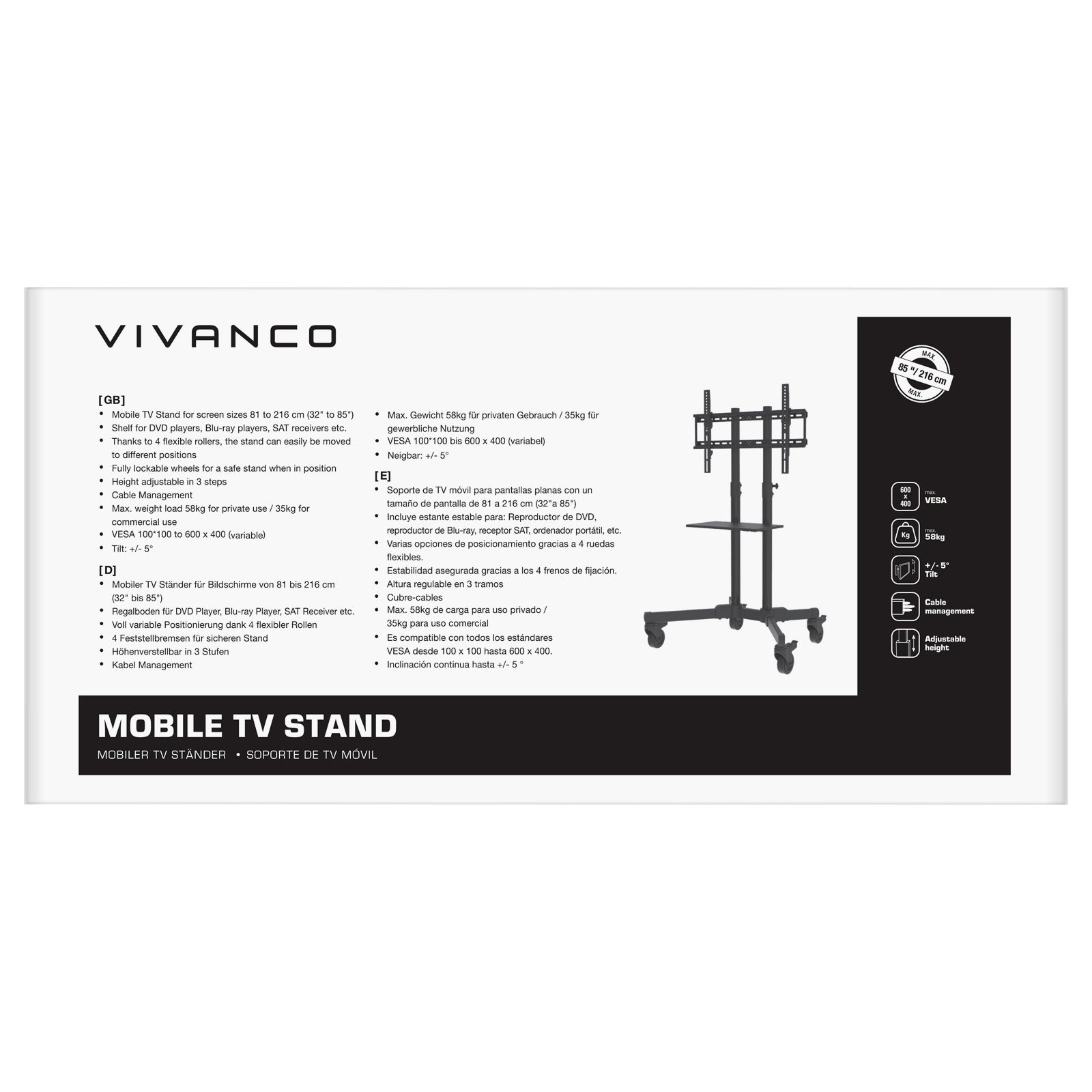 Supporto TV con rotelle per televisori da 108 cm (43") a 215,9 cm (85"), regolabile in altezza