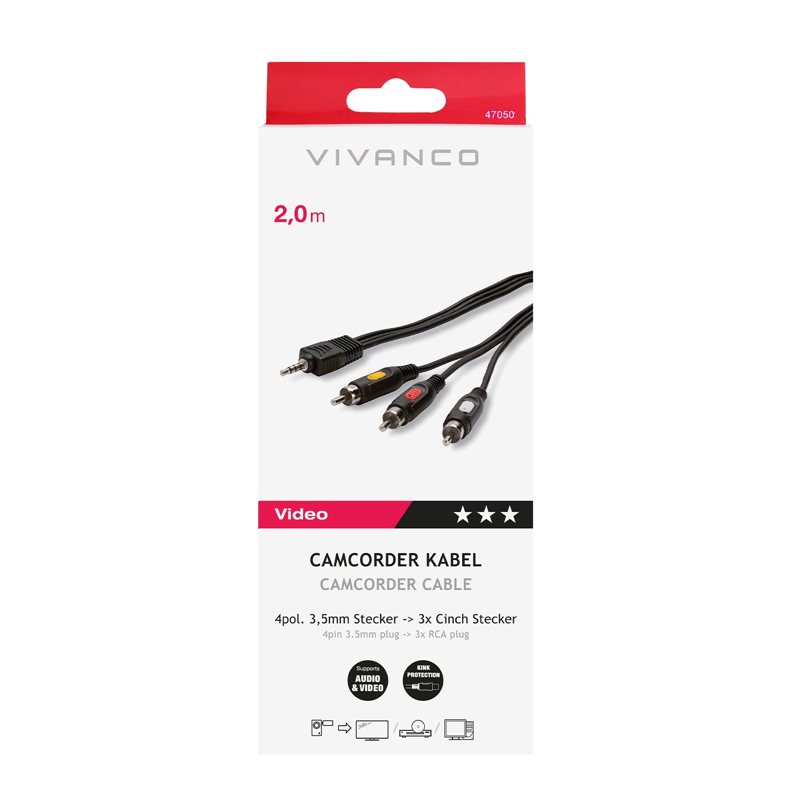 Cavo per videocamera da Jack a RCA, 2m